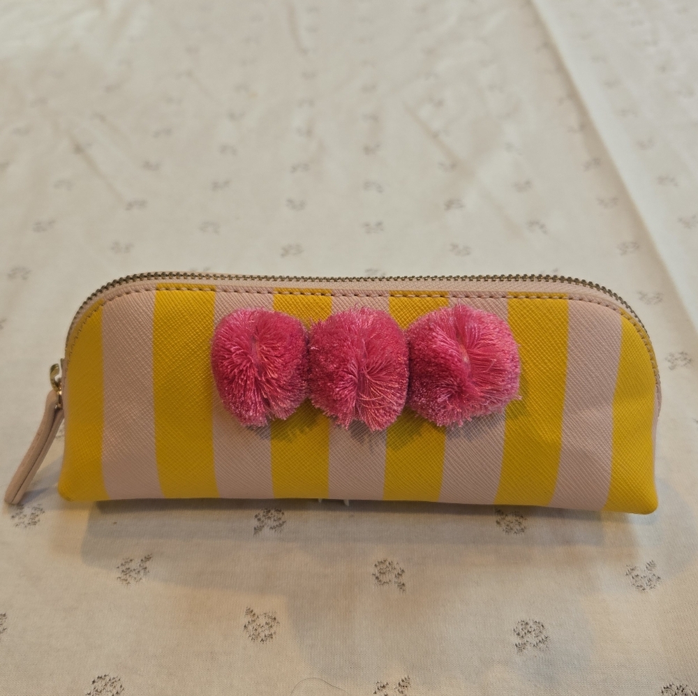 Anthropologie Pink and Yellow Striped Pouch w Pink Pom Poms